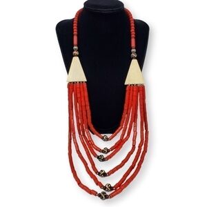 INDIA Multistrand Beaded Necklace Red Cream Dyed Bovine Bone Ethnic Massive Long